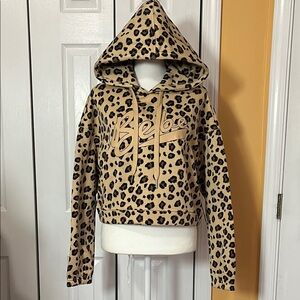 bebe Tan and Black Leopard Print Hoodie Sweater